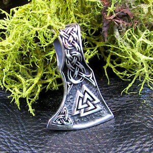 Large Solid 925 Sterling Silver Valknut Symbol on Thor's Hammer Slide Pendant